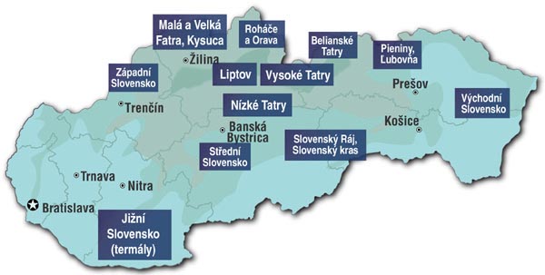 Mapa oblastí pro ubytování na Slovensku